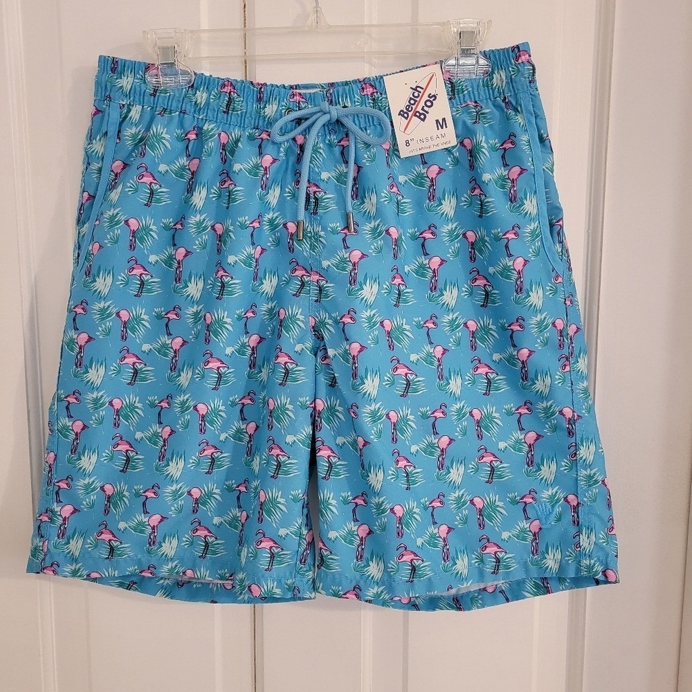 Beach Bros. Swim Suit Trunks Men MEDIUM Flamingos Beach Resort Pool Surf Lined‎